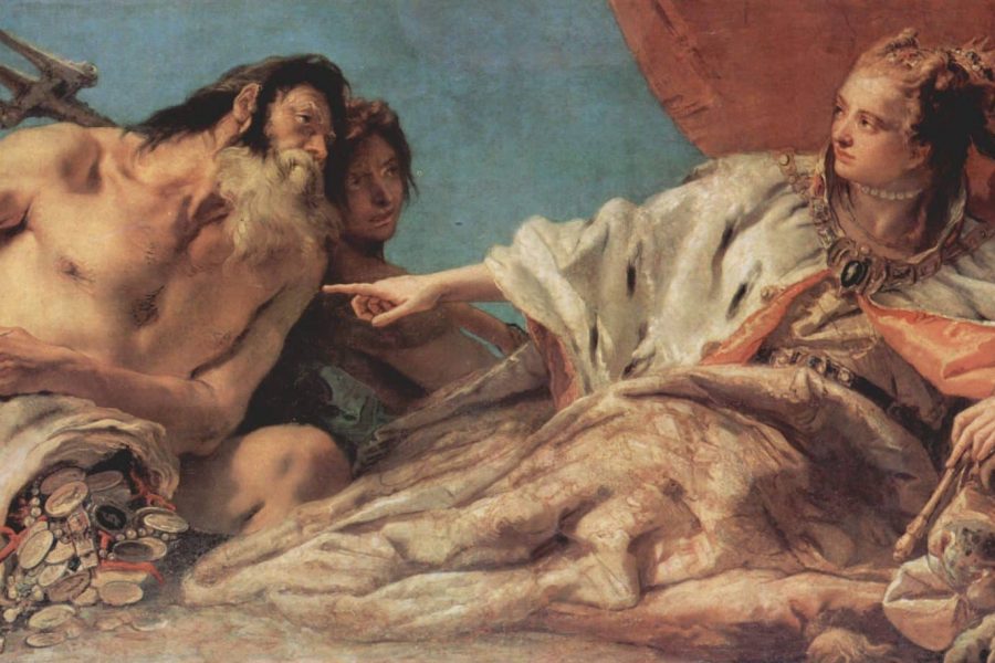 Gemälde, Giovanni Battista Tiepolo: Neptun streut die Schätze des Meeres zu Füßen der Venezia aus.