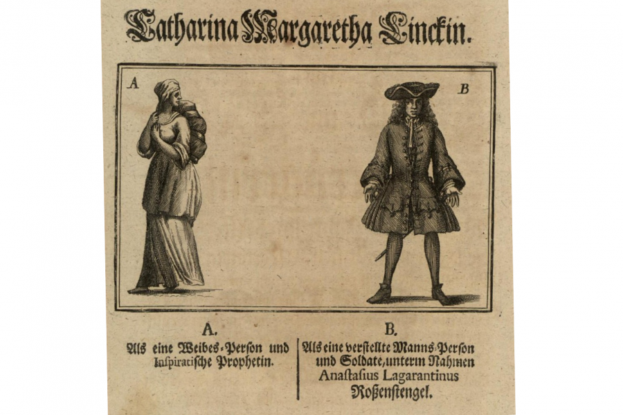 Darstellung von Catharina Margaretha Linck in Männer- und Frauenkleidung (1720)